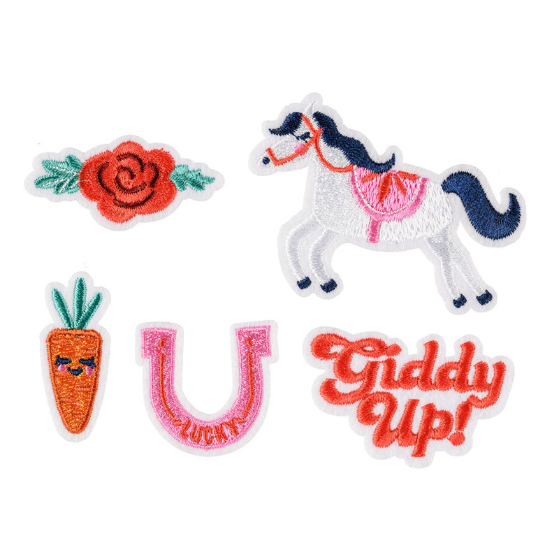 5 stk. Farverige strygemærker i mixet design Giddy Up, 2-7x3.5-7 cm