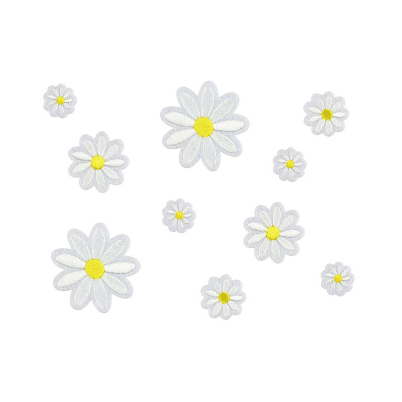 10 stk. Daisy strygemærker i blandede farver og størrelser (2x2-4.5x4.5 cm)