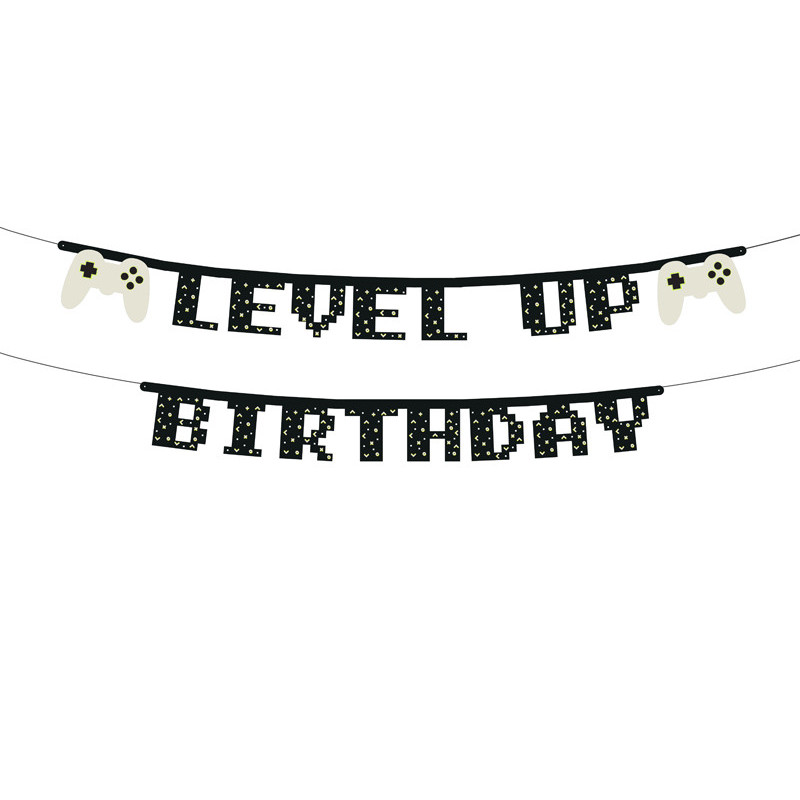 1 stk. Level Up fødselsdagsbanner i sort med farverigt print, 2.5 meter lang