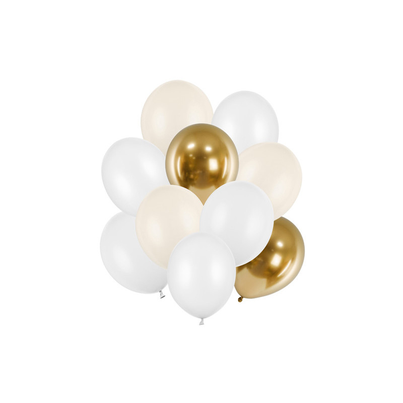 Luksus Latex Ballon Sæt, Mix af Farver (10 stk.) - Pastel Alabaster, Metallisk Hvid, Pastel Hvid & Glossy Guld