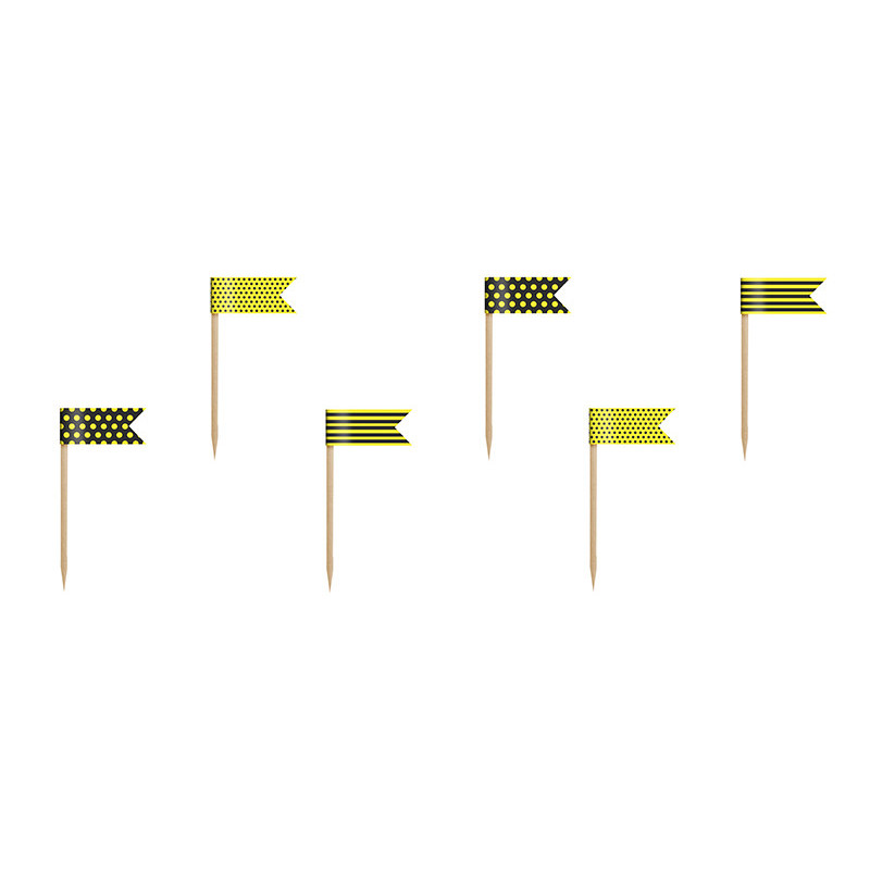 10 stk. Blandet mini flag kagepynt med bi-motiv i farver, perfekt til cupcakes, 7cm lang