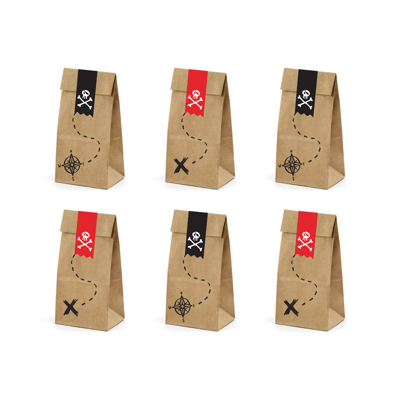 Treat bags Pirates Part, kraft, 8x18x6cm (1 pkt / 6 pc.)