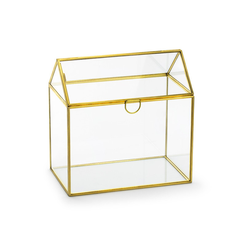 1 stk. Guld kortholder i glas, husformet design, 13x21x21 cm