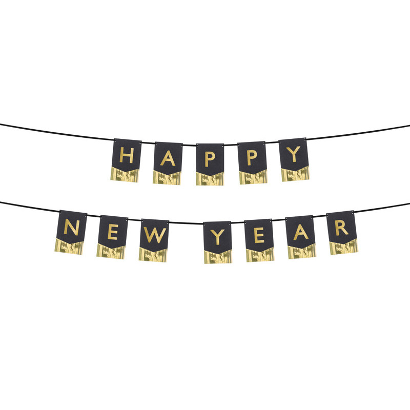 1 stk. Banner Happy New Year sort papir med guldfolie og guldbogstaver 135x16,5 cm med 3,5 meter bånd