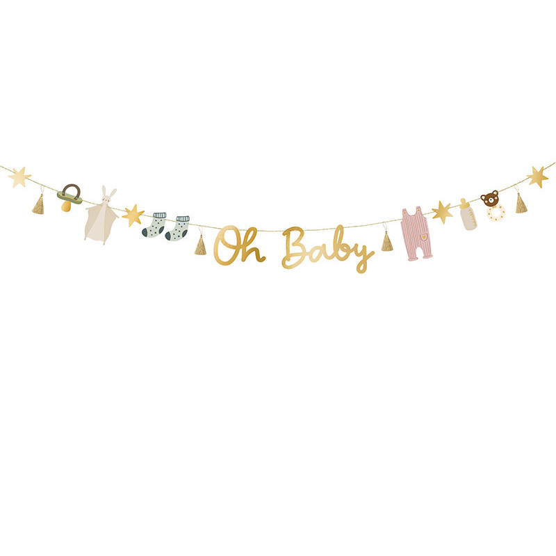 13 stk. Oh Baby festbanner i farvemix med 2.5 meter guld snor, DIY papir tags sæt