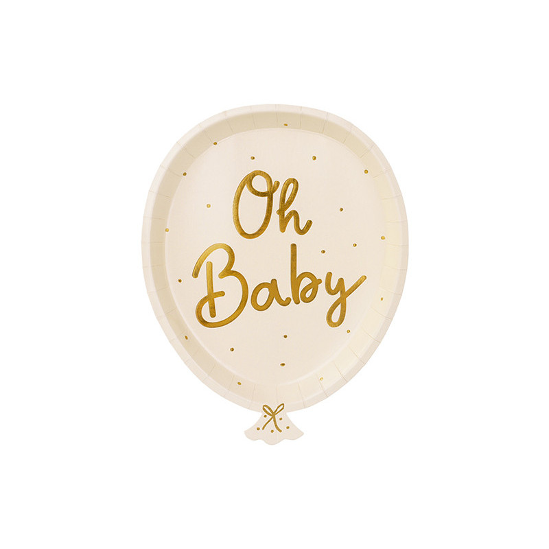 6 stk. Babyfest ballonformede papirtallerkener, 17.5x22 cm, engangsservice