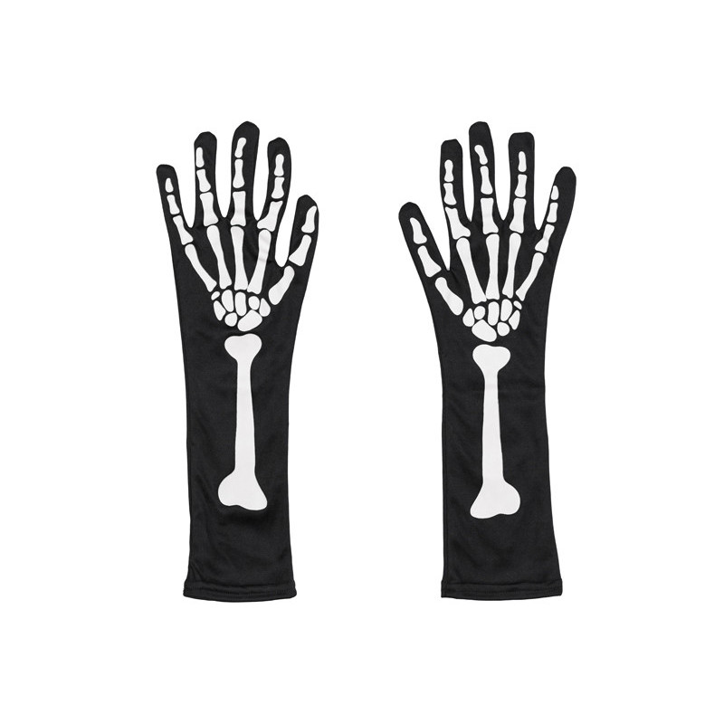 1 stk. Glow in the dark handsker, sorte med skeletmotiv, størrelse S/M, længde 39,5 cm, polyester