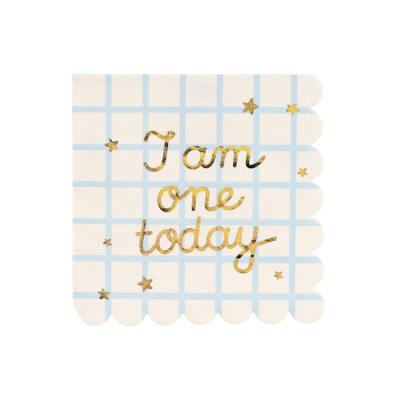 12 stk. Servietter med "I am one today" bamseprint, beige, 33x33 cm, miljøvenlige og perfekte til barnets første fødselsdag