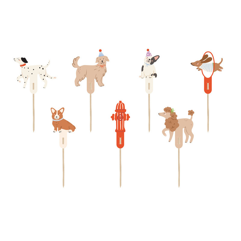 7 stk. Cupcake toppers Hunde, mix farver, genbrugelige, selvmontering