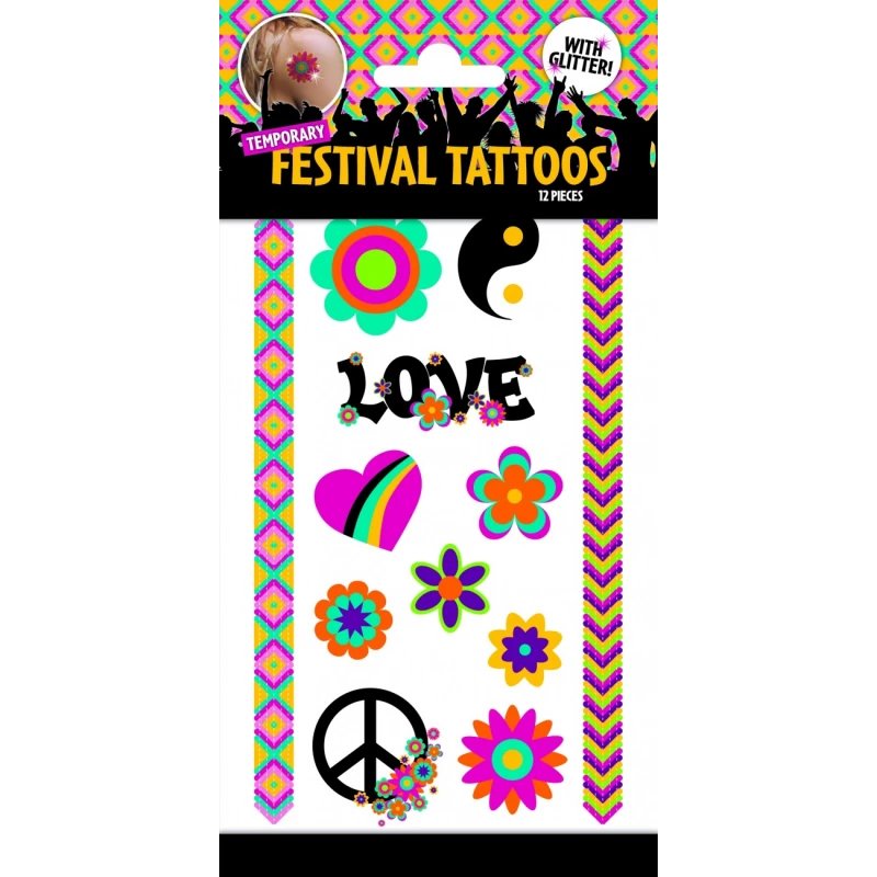 12 stk. Love & Peace Tattos, mix farver, midlertidige kærlighedsdesigns