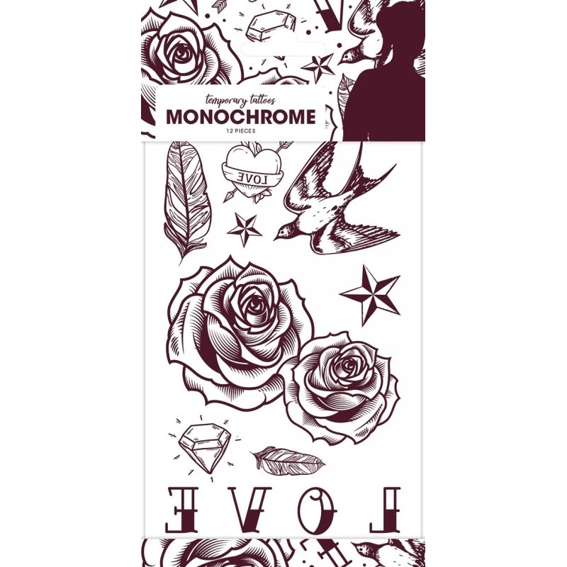 12 stk. Monochrome Love Tatoveringer, kreative midlertidige designs til fest og festival