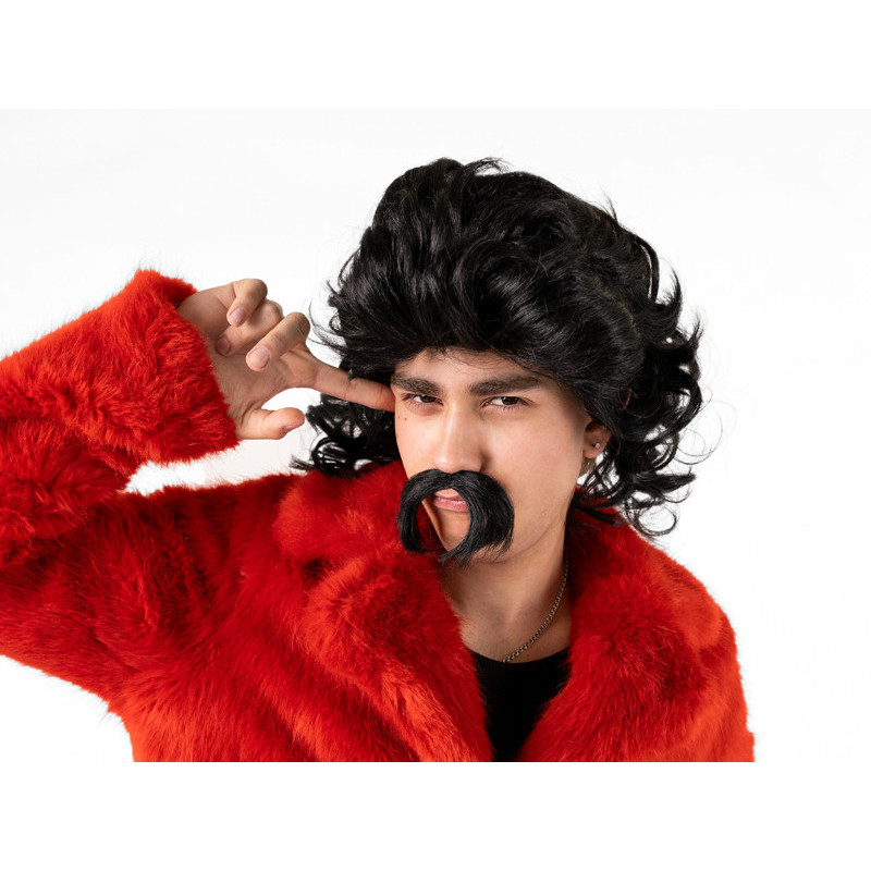 Wig, long hair and mustache, black